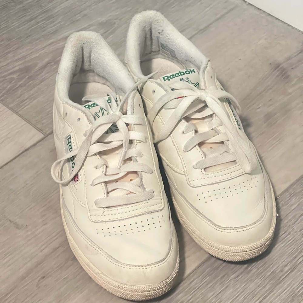 Reebok Women's Off-White Leather Classic Sneakers with Green Logo